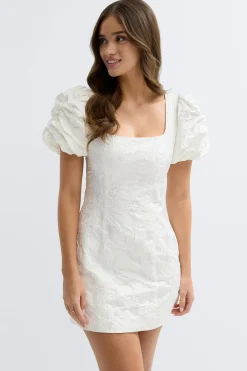 Brocade puffsleeve mini dress - Weiß - Dame - Gina Tricot
