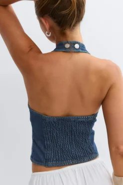 Denim halterneck top - Blau - Dame - Gina Tricot