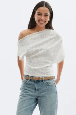 Lace dropped shoulder top - Weiß - Dame - Gina Tricot