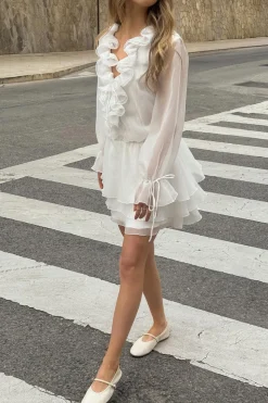 Long sleeve frill mini dress - Weiß - Dame - Gina Tricot