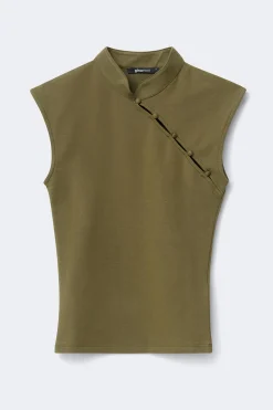 Mandarin collar button top - Grün - Dame - Gina Tricot