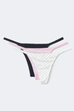 3-pack cotton picot thong - Schwarz - Dame - Gina Tricot