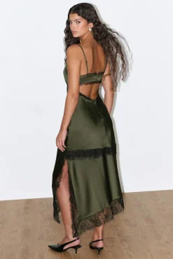 Satin lace midi dress - Grün - Dame - Gina Tricot