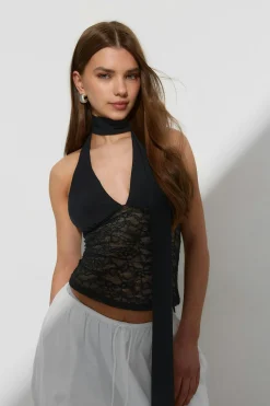 Scarf halterneck top - Schwarz - Dame - Gina Tricot