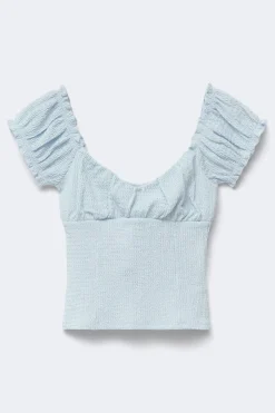 Textured puff sleeve top - Blau - Dame - Gina Tricot