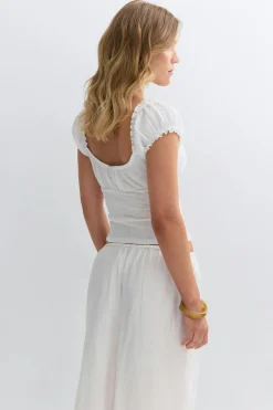 Textured puff sleeve top - Weiß - Dame - Gina Tricot