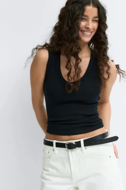 Tight v-neck rib tank - Schwarz - Dame - Gina Tricot