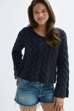 Y cable knitted sweater - Blau - Gina Tricot