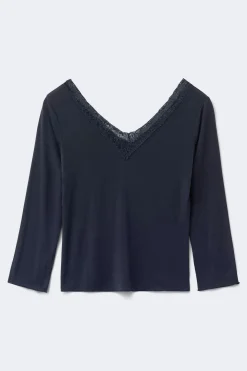Y lace quarter sleeve top - Blau - Gina Tricot